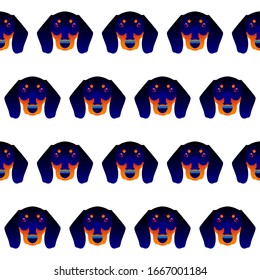 Abstract dachshund dog head seamless pattern background. Graphic cartoon dachshund dog portrait painted in imaginary colors for design card, invitation, banner, book, scrapbook, t-shirt, poster etc.