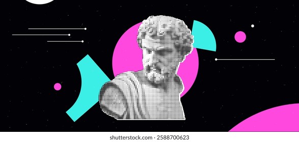 Abstract dadaism collage with halftone sculpture and geometric shapes design for posters