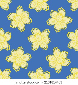 Abstract daffodil flowers vector seamless pattern background. Bright yellow mix of flower heads on blue backdrop. Hand drawn design in offset style. Spring floral botanical nature repeat print.