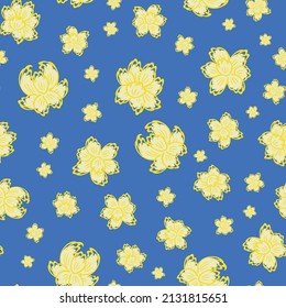 Abstract daffodil flowers vector seamless pattern background. Bright yellow mix of flower heads on blue backdrop. Hand drawn design in offset style. Spring floral botanical nature repeat print.