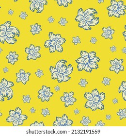 Abstract daffodil flowers vector seamless pattern background. Bright yellow blue mix of flower heads backdrop. Hand drawn design in offset style. Spring floral botanical nature repeat print.