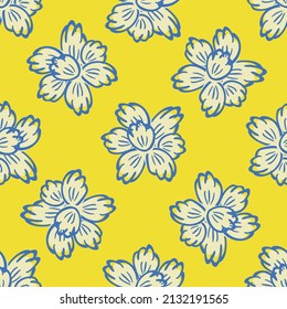 Abstract daffodil flowers vector seamless pattern background. Backdrop of bright yellow blue mix of flower heads backdrop. Hand drawn design in offset style. Spring floral botanical nature repeat