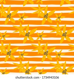 Resumen de daffodils flores patrón sin fisuras en el fondo de rayas. Simple tapiz narciso. Diseño para tela, impresión textil, papel de envoltura, cubierta. Ilustración vectorial de moda