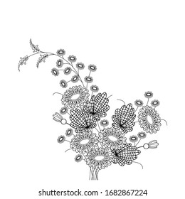 Abstract daisies and leaves, coloring for adults, ornament, antistress, art therapy.