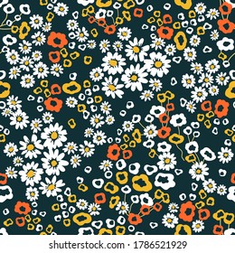 Abstract daisies on dark background. Seamless print with  small flowers. Vintage collection. Template for textile design, cards, wallpapers, gift wrappings.