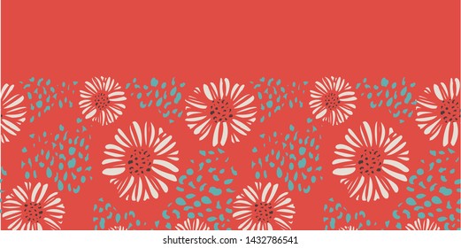 Abstract daisies seamless vector border. Hot red orange background, turquoise and white. Great summer look for fashion, home decor, textiles, invitations, wallpaper, swimwear and stationery.