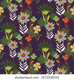 Abstract daisies and sunflowers seamless pattern design. Design for fabric, textile, paper. Spring colorful vector illustration, flowers with leaves
