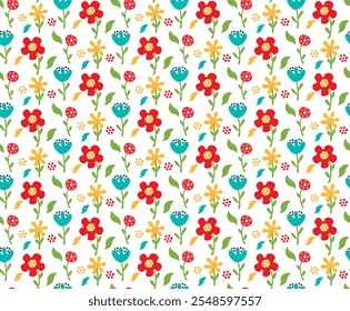 Abstract daisies, tulips seamless pattern design. Design for fabric, textile, paper. Spring colorful vector illustration.
