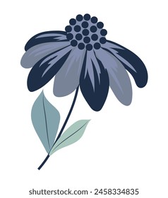 Abstract daisy with blue petals in flat design. Blossom echinacea with leaves. Vector illustration isolated.