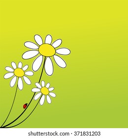 Abstract Daisy Flower with Climbing Ladybug on Green Background 