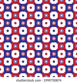Abstract Daisy flower patterns on blue and red checkered background, Abstract vector wallpaper, Seamless pattern background.