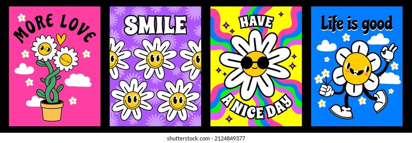 Abstract daisy flower posters in 70s groovy style. Psychedelic retro prints with slogan and cartoon hippie daisy character vector design set. Illustration of hippy retro motivational banner