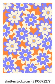 Abstract daisy flowers poster. Groovy trippy funky style. Floral background. Aesthetic wall art in trendy pallete. Psychedelic summer bright decoration.