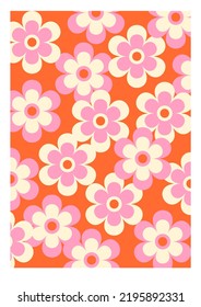 Abstract daisy flowers poster. Groovy trippy funky style. Floral shapes. Aesthetic wall art in trendy pallete. Psychedelic summer bright decoration.