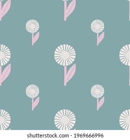 Abstract daisy flowers seamless pattern in hand drawn style. Blue background. Botanic nature backdrop. Graphic design for wrapping paper and fabric textures. Vector Illustration.