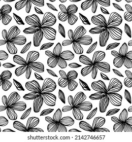 Abstract daisy flowers seamless pattern in linear style. Japanese style grunge flowers black and white texture. Freehand blossom background. Cute graphic flower background. Dry brush floral motives. 