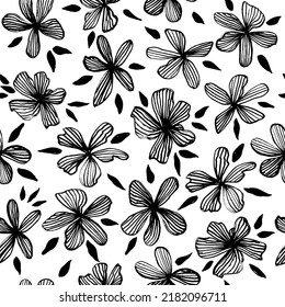 Abstract daisy flowers seamless pattern in linear style. Flowers black and white in style grunge. Freehand blossom background. Vintage nature graphic.