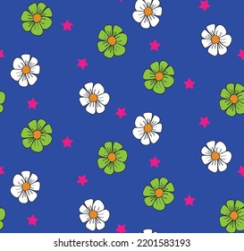 Abstract Daisy Flowers Stars Mix Seamless Pattern Trendy Fashion Colors Perfect for Allover Fabric Print or Wrapping Paper Royal Blue Background