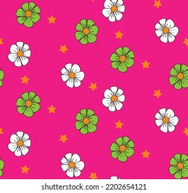 Abstract Daisy Flowers Stars Mix Seamless Pattern Trendy Fashion Colors Perfect for Allover Fabric Print or Wrapping Paper Fuchsia Background