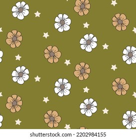 Abstract Daisy Flowers Stars Mix Seamless Pattern Trendy Fashion Colors Perfect for Allover Fabric Print or Wrapping Paper Olive Green Background