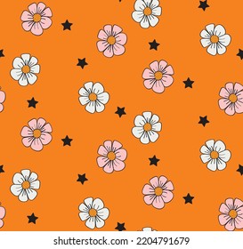 Abstract Daisy Flowers Stars Mix Seamless Pattern Trendy Fashion Colors Perfect for Allover Fabric Print or Wrapping Paper Orange Background