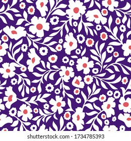 Abstract daisy flowers vector background. Small size meadow flowers with leaves, branches and stems. Floral deamless pattern. Flat simple decorative design. Folk art, vintage style.