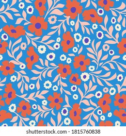 Abstract daisy flowers vector background. Small size meadow flowers with leaves, branches and stems. Floral deamless pattern. Flat simple decorative design. Folk art, vintage style.