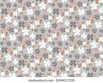 Abstract daisy flowers vector background. Small size meadow flowers with leaves, branches and stems. Floral deamless pattern. Hippie, folk flower repeat background.