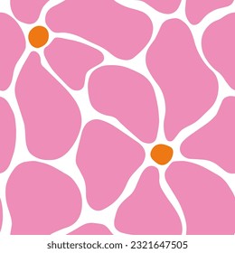 Abstraktes Daisy Seamless Muster. Mathematik kuriert Ästhetik. Doodle Blumen im Stil Naive Hippie 1970. Trendy Groovy Vectorgrafik in rosa und orangefarbenen Farben für T-Shirts, Tapete, Case