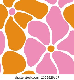 Abstract Daisy Seamless Pattern. Matisse curves aesthetic. Doodle flowers in Naive Hippie 1970 style. Groovy Floral Vector Illustration in pink, and orange colors for T-Shirts, Wallpaper, Case Phone.