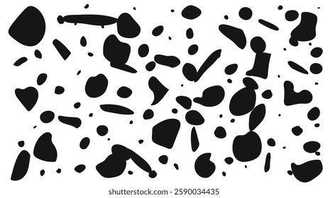 Abstract dalmatian spot pattern with black irregular shapes on white, ideal for decor and design projects. High quality seamless vector with bold, modern style.
