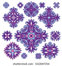 Abstract damask emblem set for design use. Ornamental sign collection. Cute hand drawn doodle style. Vector illustration.