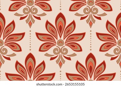 Abstract Damask Floral with Dot Accents Seamless Pattern. Retro Botanical Wallpaper Design. Mid-Century Modern Flower Motif. Vintage Floral and Leaf Print.