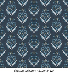 Abstract damask flower pattern. Blue, yellow and grey floral pattern on dark background.