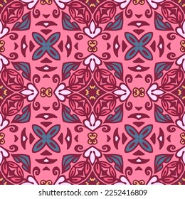 Abstrakter Damast geometrisch geflieste boho ethnische nahtlose Muster klassischen Ziers. Rosa Farben. Vektorhintergrund.