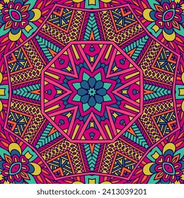 Abstract damask mandala seamless ornamental pattern. Doodle ethnic psychedelic colorful fabric print. Geometric medallion boho ornaments. Tribal carnival aztec style background