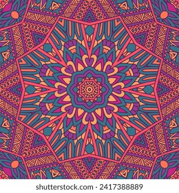 Abstract damask mandala seamless ornamental pattern. Doodle ethnic tribal geometry psychedelic colorful fabric print.