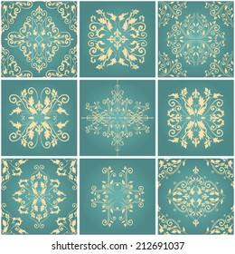 Abstract damask patterns set of nine seamless in retro style for design use. In blue and beige colors. Vector illustration.  