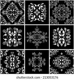 Abstract damask patterns set of nine seamless in retro style for design use. In black and white colors. Vector illustration. 