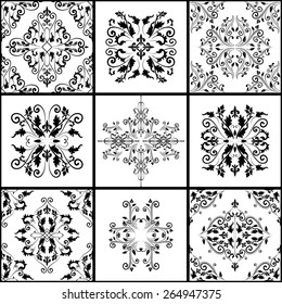 Abstract damask patterns set of nine seamless in retro style for design use. In black and white colors. Vector illustration. 