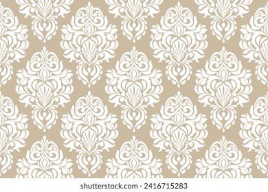 Abstract damask seamless pattern. Beige and white floral vector background.