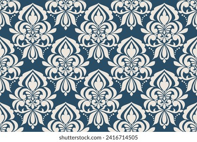 Patrón abstracto del damasco sin costuras. Fondo vectorial floral azul y crema.