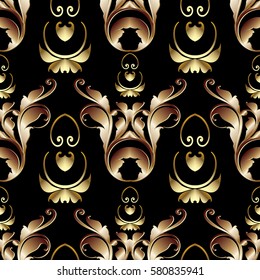 Abstract damask seamless  pattern. Floral  black background  with  vintage gold 3d baroque ornaments, antique  leaves and flowers. Vector luxury texture for wallpapers, textile, fabric