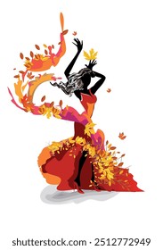 Abstract dance of Autumn with leaf fall. Hand drawn vector illustration.