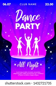 Abstract Dance Party background for banner, flyer, poster, invitation. Dancing young people silhouettes. Bright Dance party vector design template in pink, blue and white color