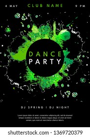 Abstract Dance Party poster template. Watercolor Dance Party design template with space for your text. Dance Party flyer in green and black colors. Vector illustration