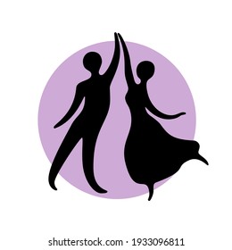 Abstract dancers black silhouette over round shape. Dance studio logo design template