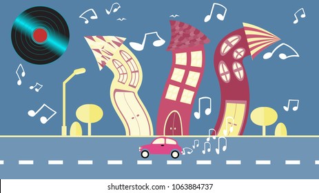 Abstract dancing city in a flat style with a vinyl plate instead of the sun with curved houses with notes with trees with a road and car clouds on a blue background. Vector illustration