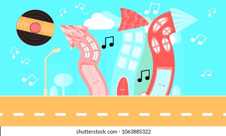 Abstract dancing city in a flat style with a vinyl plate instead of the sun with curved houses with notes with trees and bushes, clouds on a blue background. Vector illustration