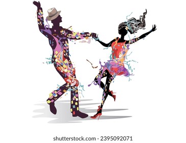 Pareja de baile abstracta decorada con salpicaduras, olas, notas. Ilustración vectorial dibujada a mano para camisetas, cubiertas, papel pintado, tarjetas de felicitación, arte mural, invitaciones.